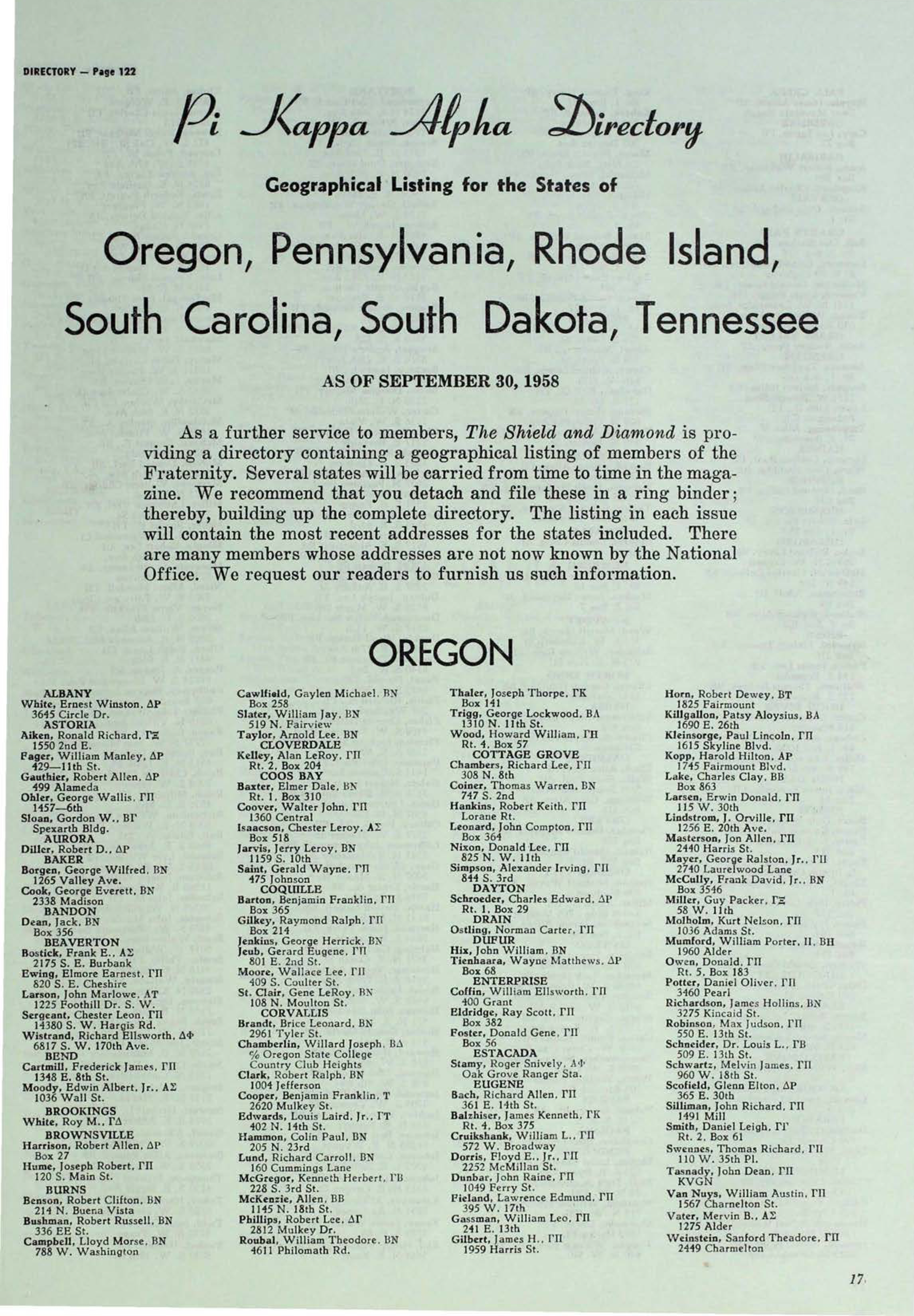 Pi Kappa Alpha Directory, December 1958